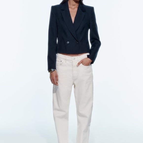 NWT ZARA CROPPED SHOULDER PAD NAVY BLAZER XS - Picture 3 of 9